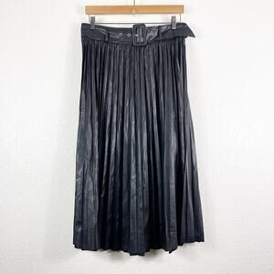 Flying Tomato Women's Black Faux Leather Belted Pleated Maxi Skirt Size Large